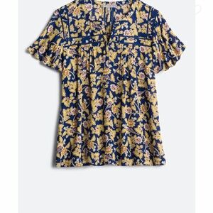Daniel Rainn Blue and Gold Ruffled Short Sleeve Blouse